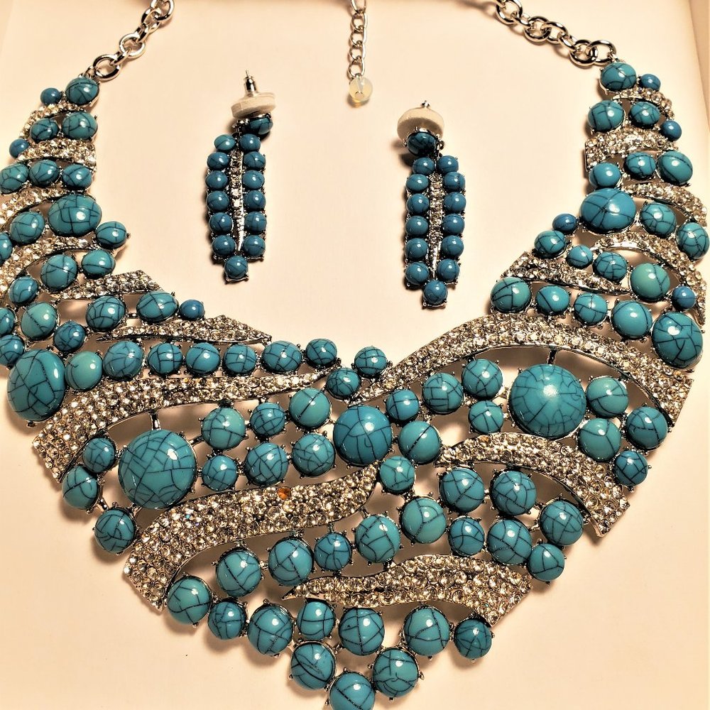 Turquoise & Silver Formal Necklace & Earrings Set
